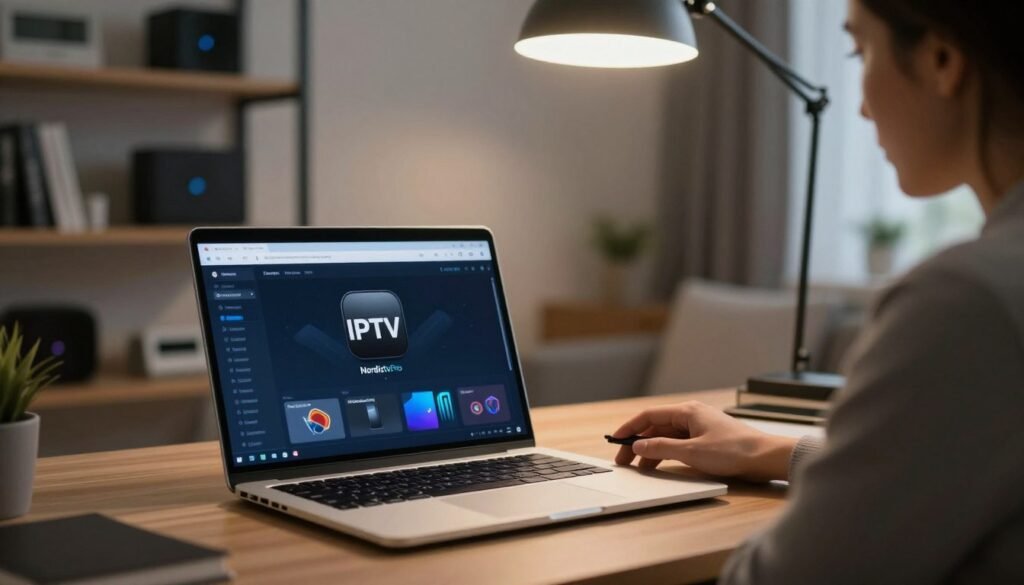 A modern home office setting focused on the concept of security and maintenance of an IPTV service. In the foreground, a sleek laptop displaying the Nordictvpro interface, with a professional person in business attire attentively monitoring the screen. In the middle ground, shelves filled with tech gadgets and books on cybersecurity, while the background shows a cozy room with soft, adjustable overhead lighting to create a warm yet focused atmosphere. The scene emphasizes technology, vigilance, and professionalism, inviting viewers to engage with IPTV services securely. Capture this scene with a shallow depth of field to draw attention to the laptop while slightly blurring the background elements.