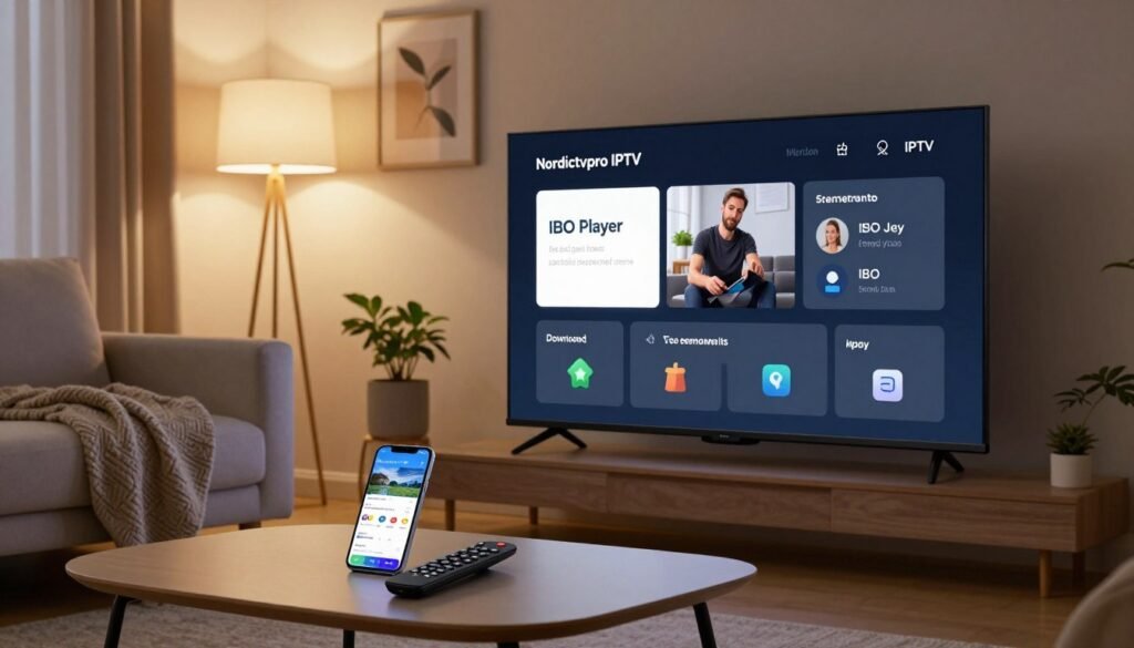 A modern living room setting, with a sleek television displaying the Nordictvpro IPTV settings interface on the screen. In the foreground, a stylish coffee table holds a remote control and a smartphone showcasing the IBO Player app download page. Midground features a comfortable sofa with a cozy blanket, creating an inviting atmosphere. Soft ambient lighting from a floor lamp enhances the scene, casting warm tones that evoke relaxation. The background shows a minimalistic decor with potted plants and framed artwork, reflecting a contemporary aesthetic. The overall mood is one of comfort and efficiency, emphasizing the theme of optimizing streaming settings for the best viewing experience.