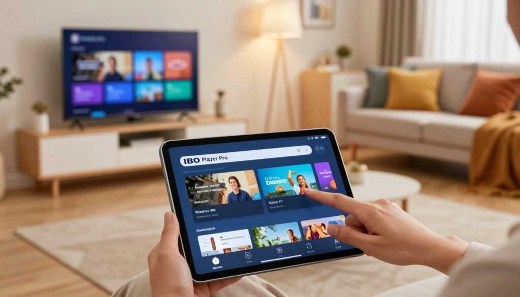 A modern living room setup showcasing the installation process of the IBO Player Pro app for Nordictvpro IPTV. In the foreground, a sleek tablet with the IBO Player Pro interface displayed prominently, fingers tapping on the screen. The middle ground features a stylish, minimalistic TV unit with a flat-screen television showing colorful visuals from the app. In the background, a cozy sofa adorned with colorful cushions, alongside a warm, inviting ambiance created by soft lighting. The scene is framed with a slightly angled lens to emphasize the installation process, while maintaining a professional and informative atmosphere. The overall mood is engaging and user-friendly, designed to depict the simplicity of downloading and setting up the app on different devices.