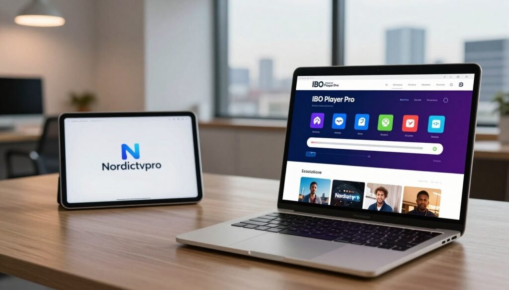 A modern, user-friendly digital interface showcasing the IBO Player Pro web portal for IPTV subscription activation. In the foreground, a sleek laptop displays the vibrant IBO Player Pro interface with vivid icons and a clear progress bar indicating playlist activation. The middle ground includes an open tablet featuring the Nordictvpro logo, hinting at the app download process. In the background, a softly lit, contemporary office setting with a large window offering a view of a city skyline, creating an inviting atmosphere. The lighting is warm and inviting, focusing on the screens' glow to highlight efficiency and professionalism. The angle is slightly elevated, providing a comprehensive view of the setup. The overall mood conveys a sense of ease and modern technology integration.