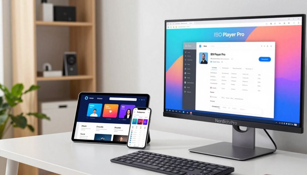A modern workspace environment showcasing a professional-looking computer setup on a sleek desk, featuring the Nordictvpro logo prominently displayed on the screen. The foreground contains a focused view of a computer monitor displaying the IBO Player Pro app interface, with vibrant colors highlighting user-friendly configuration options. In the middle ground, a digital tablet and a smartphone showcase the Nordictvpro app, suggesting multi-device compatibility. The background features soft shelving with tech accessories and a calming indoor plant, contributing to a productive atmosphere. The lighting is bright and evenly distributed, casting no harsh shadows, with a slight blur effect to emphasize focus on the workspace. The overall mood is informative and engaging, reflecting troubleshooting common issues with IPTV configurations. No people are present in the image.