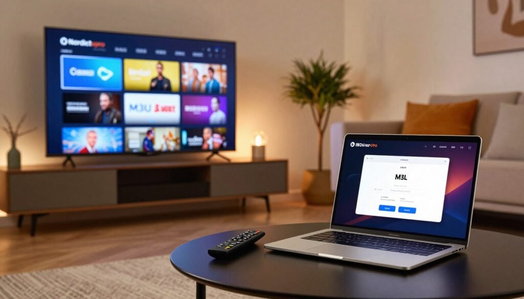 A sleek, modern living room setup featuring a high-definition television displaying the Nordictvpro interface, showcasing vibrant channel options. In the foreground, a stylish coffee table holds a remote control and an open laptop with the IBO Player Pro app on its screen, highlighting the M3U link upload process. In the middle, a comfortable couch adorned with colorful cushions invites relaxation, while a decorative plant adds a touch of nature. The background features soft ambient lighting to create a cozy atmosphere, with warm tones enhancing the inviting feel. The scene is captured with a slight angle to emphasize the tech-savvy space, evoking a sense of comfort and innovation in IPTV entertainment.
