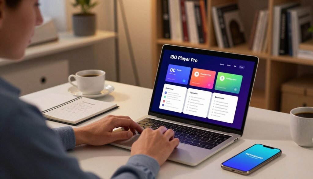 A workspace scene depicting a person in professional attire, focused on configuring their Nordictvpro IPTV subscription on the IBO Player Pro app. The foreground features a sleek laptop displaying the IBO Player Pro interface, with vibrant colors and an intuitive layout. Surrounding the laptop, there's a notepad with notes and a smartphone showing the Nordictvpro logo. In the middle ground, soft ambient lighting highlights the workspace, with a modern desk and a cup of coffee, creating a cozy yet professional atmosphere. The background includes a blurred bookshelf filled with tech books, emphasizing a tech-savvy environment. The overall mood is of concentration and productivity, reflecting the process of setting up an IPTV subscription seamlessly.
